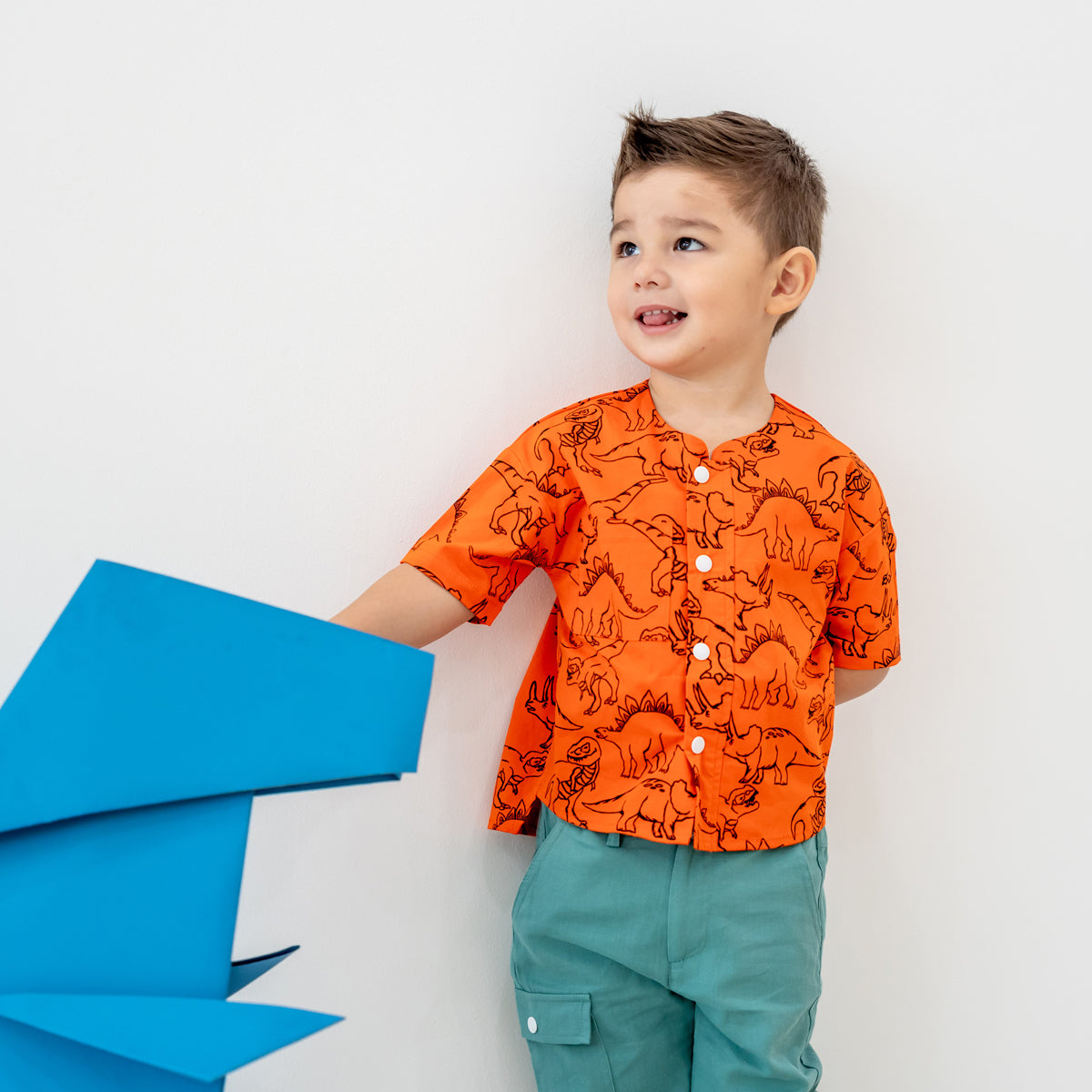 Made for Play - Boys Wide-Pocket Shirt in Dino Sketch Print in Orange by Le Petit Society — image 6