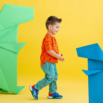 Made for Play - Boys Wide-Pocket Shirt in Dino Sketch Print in Orange by Le Petit Society — image 8