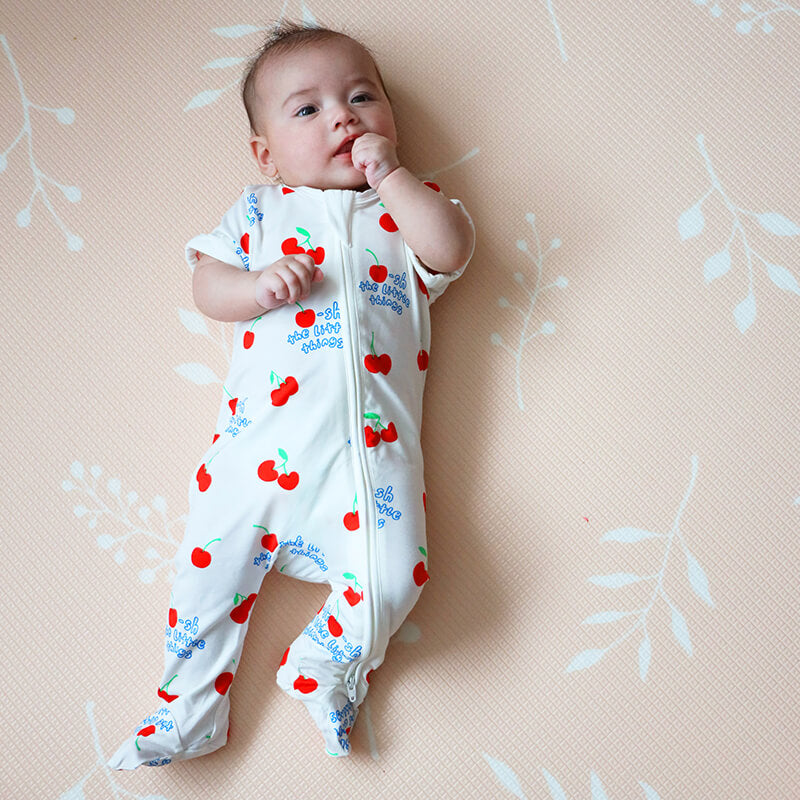 Baby Bamboo Short Sleeves Sleepsuit in Cherry Print by Le Petit Society — image 4