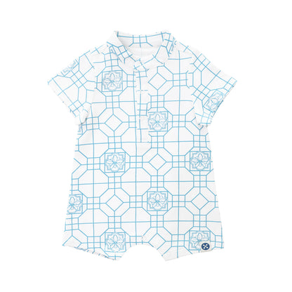 Chinese Motif Series - Baby Boy Jersey Romper in Blue Orchid Motif by Le Petit Society — image 7