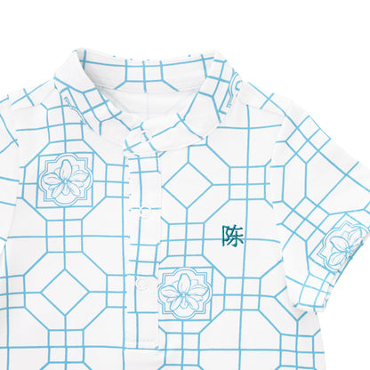 Chinese Motif Series - Baby Boy Jersey Romper in Blue Orchid Motif by Le Petit Society — image 3