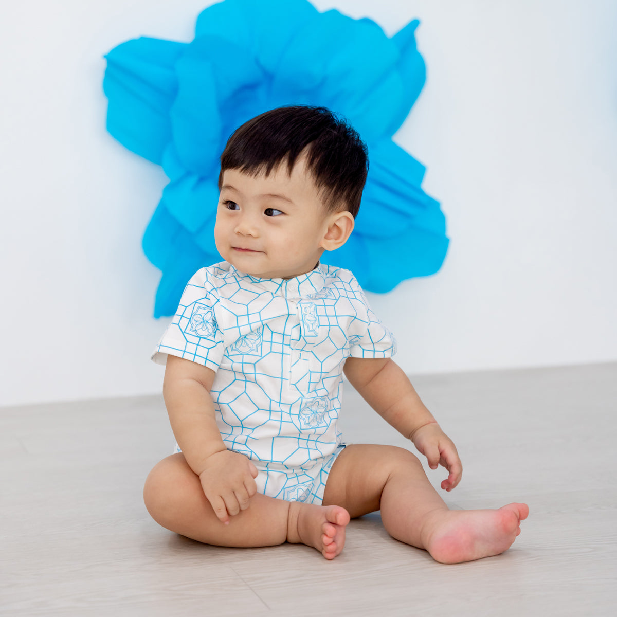 Chinese Motif Series - Baby Boy Jersey Romper in Blue Orchid Motif by Le Petit Society — image 2