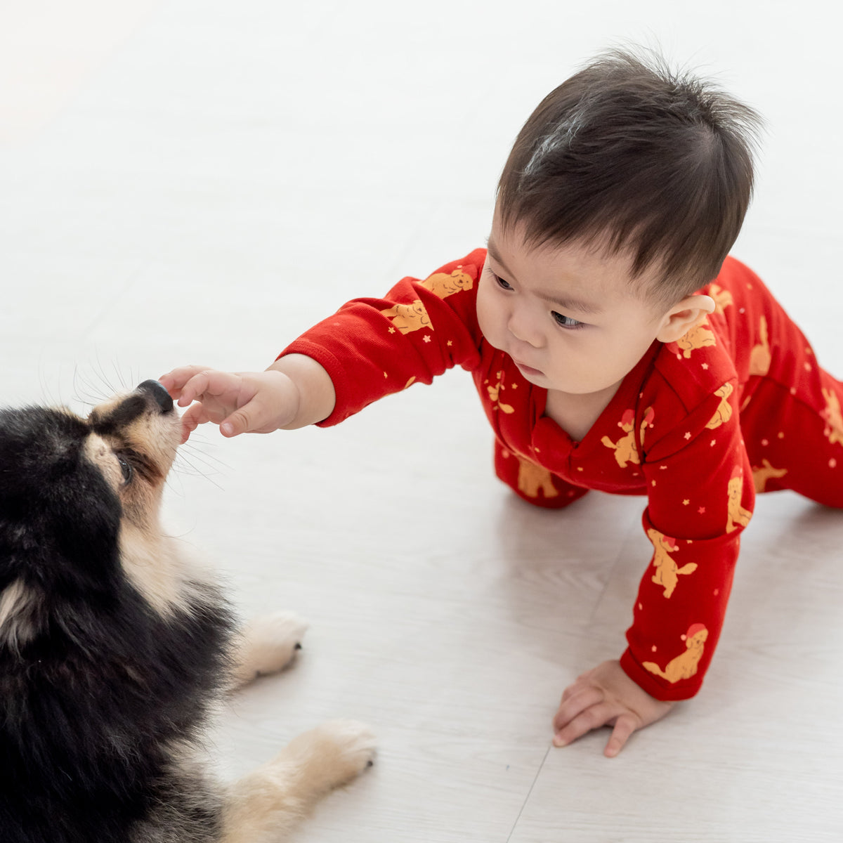 Baby Organic Sleepsuit in Christmas Puppy Print by Le Petit Society — image 7