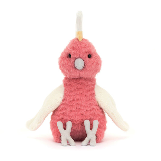 A front view of a plush pink cockatoo with white wings, a soft grey beak and feet, and a tall white and yellow crest