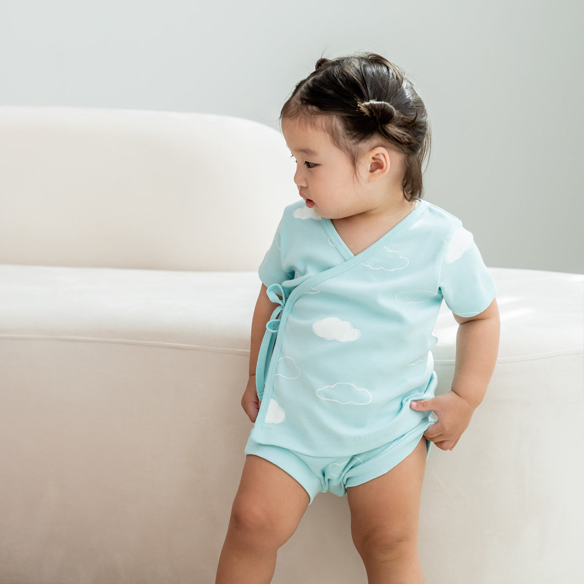 Baby Organic Short Sleeves Kimono Top in Cloud Print by Le Petit Society — image 7