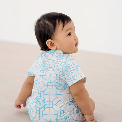 Chinese Motif Series - Baby Boy Jersey Romper in Blue Orchid Motif by Le Petit Society — image 4