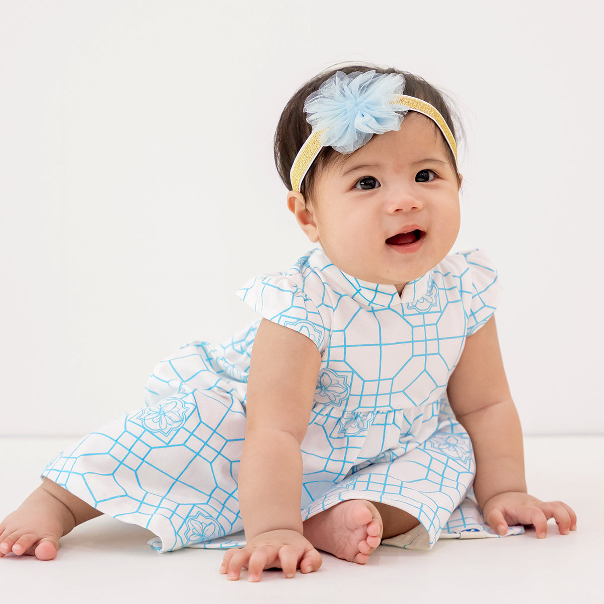 Chinese Motif Series - Baby Girl Cheongsam Jersey Dress in Blue Orchid Motif by Le Petit Society