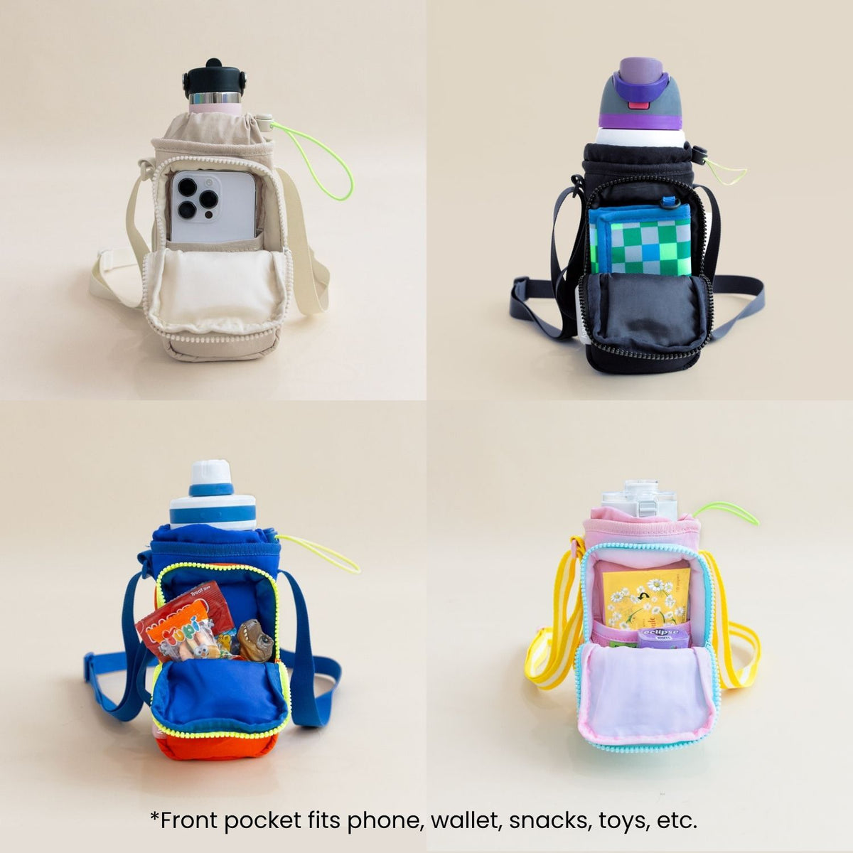 Various items being stored in the front pocket of a water bottle bag.