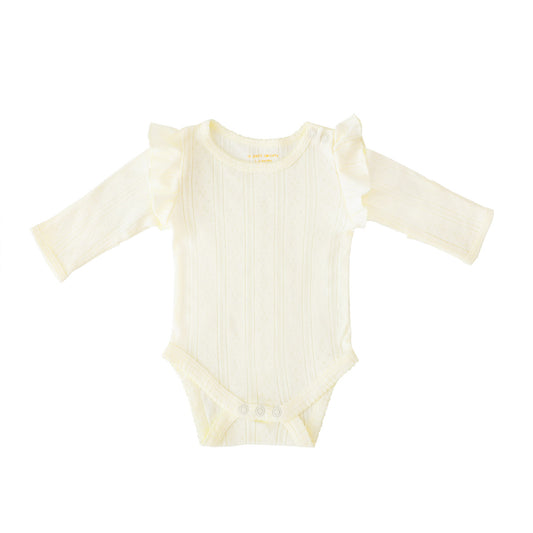 Baby Girl Long Sleeve Ruffle Romper in Cream Pointelle Cotton by Le Petit Society