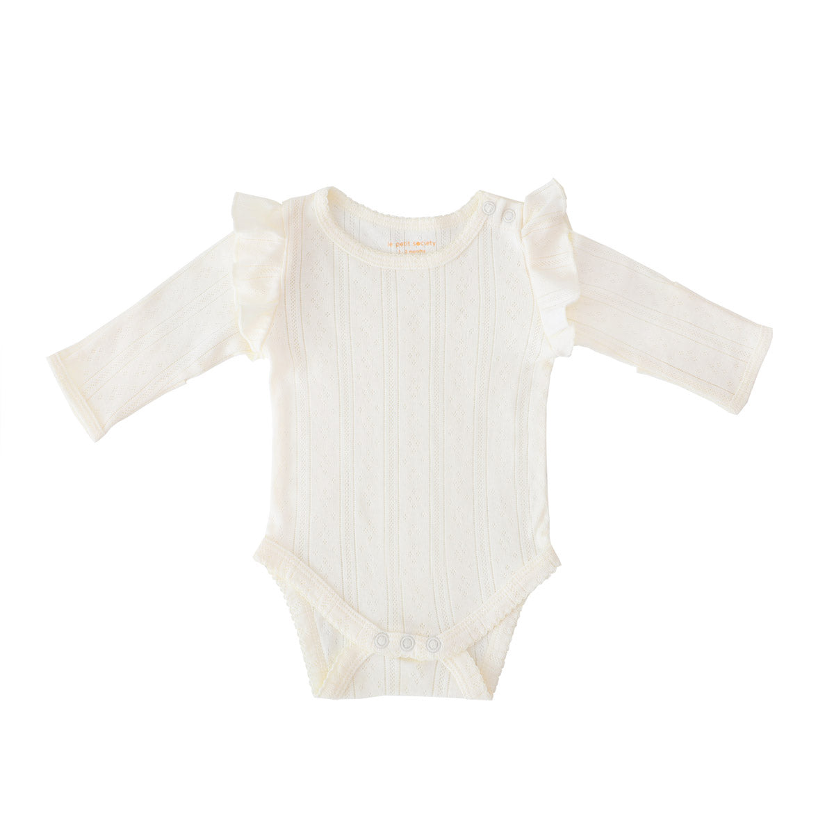 Baby Girl Long Sleeve Ruffle Romper in Cream Pointelle Cotton by Le Petit Society — image 12