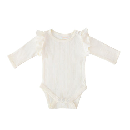 Baby Girl Long Sleeve Ruffle Romper in Cream Pointelle Cotton by Le Petit Society — image 12