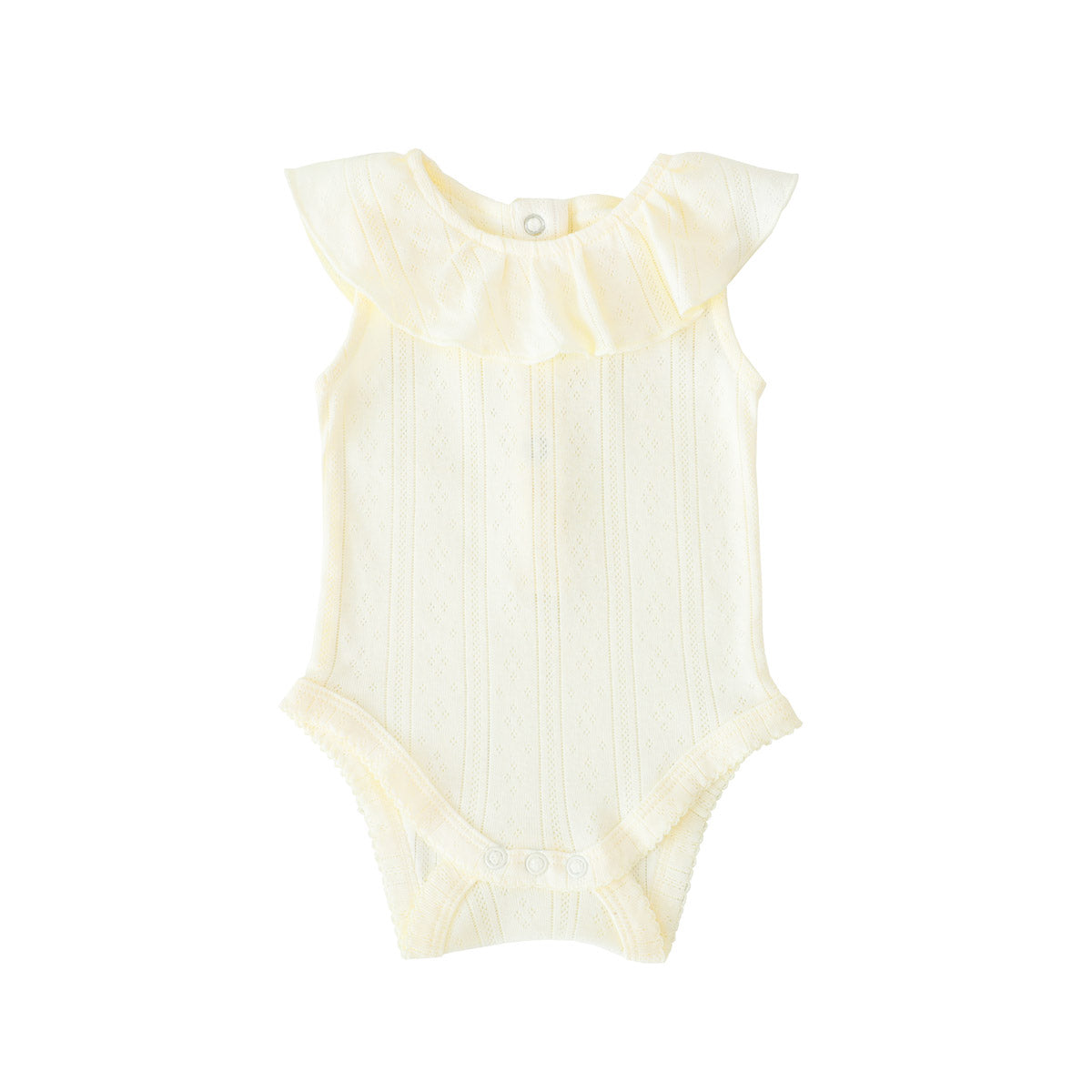 Baby Girl Ruffle Romper in Cream Pointelle Cotton by Le Petit Society