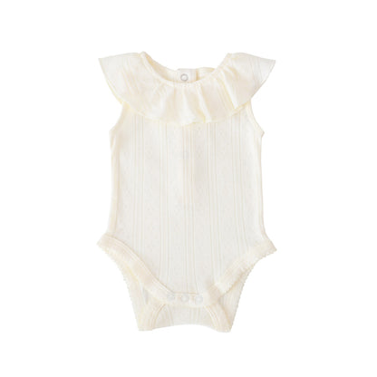 Baby Girl Ruffle Romper in Cream Pointelle Cotton by Le Petit Society — image 8