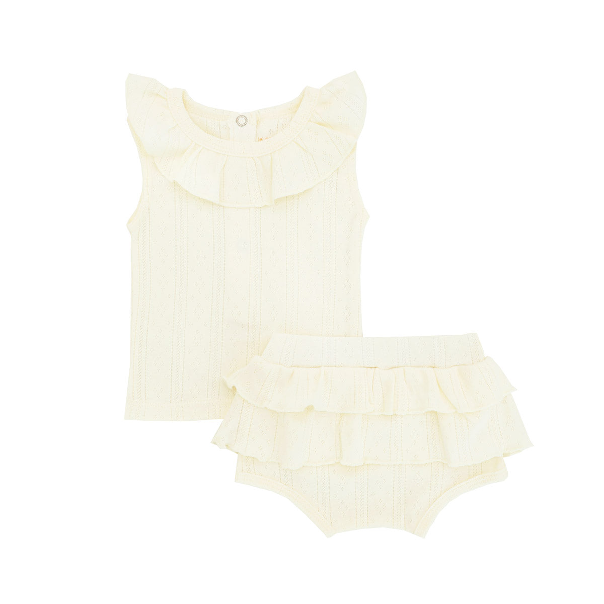 Baby Girl Ruffle Top in Cream Pointelle Cotton by Le Petit Society — image 3