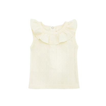 Baby Girl Ruffle Top in Cream Pointelle Cotton by Le Petit Society