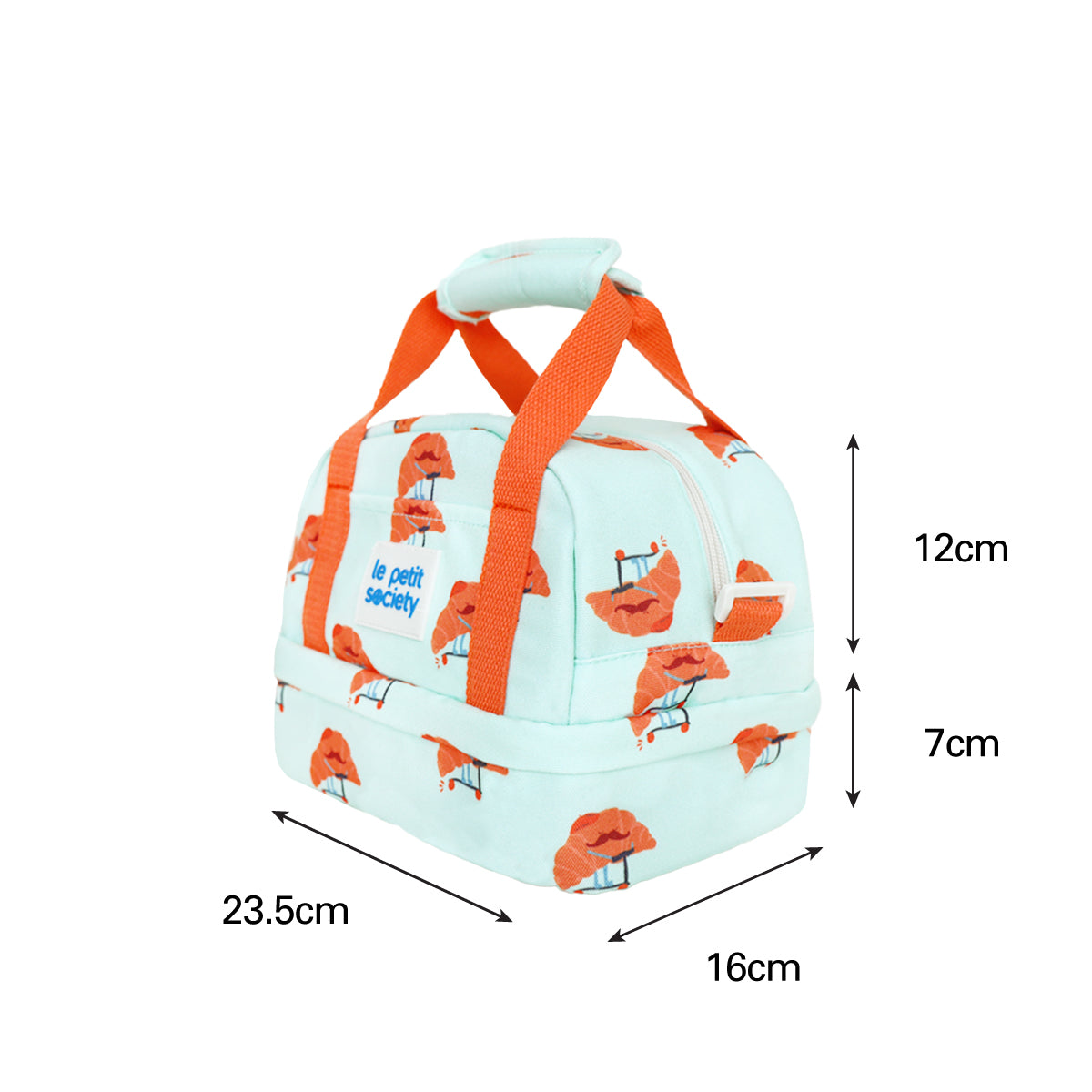 An infographic showing the dimensions of Le Petit Society's kid's thermal lunch bag.