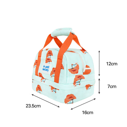 An infographic showing the dimensions of Le Petit Society's kid's thermal lunch bag.