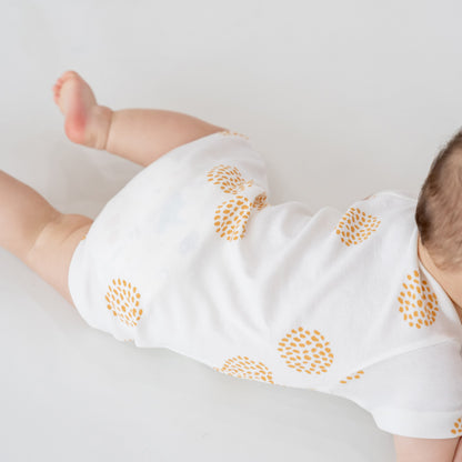 Baby Organic Short Sleeve Romper in Dandelion Print (Personalisable) by Le Petit Society — image 2