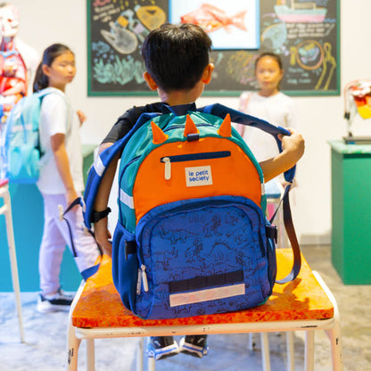 A primary school boy carrying the LPS kids single pocket school bag in a dinosaur print with dinosaur spikes.
