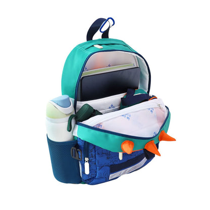 The interior of a school bag, containing a pencil case, notebooks, laptop, an umbrella and a water bottle.