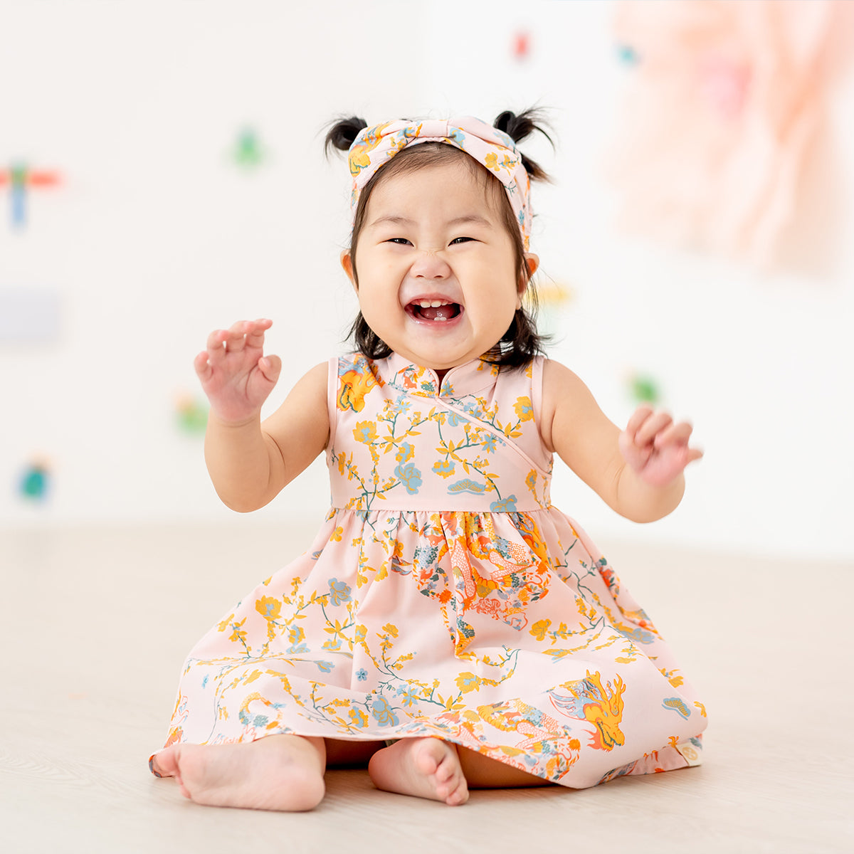 Dragon Series - Baby Girl Cheongsam in Pink Floral Print by Le Petit Society — image 2