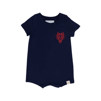 A navy blue baby romper with a red dragon print at the front, from Le Petit Society's Dragon Streetwear collection.