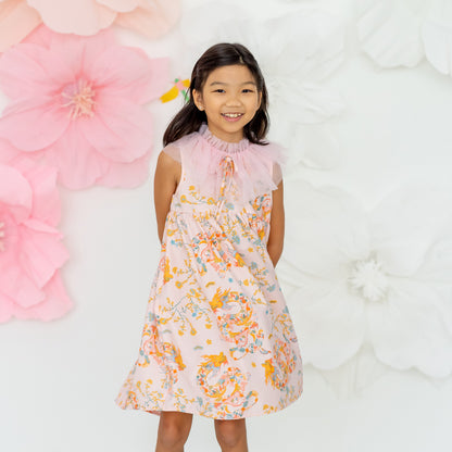 Dragon Series - Girls Ruffle Tulle Dress in Pink Floral Print by Le Petit Society