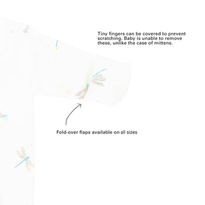 An infographic showing the mittens of an organic baby zip sleepsuit, which come with fold over flaps to cover a baby's hands and keep them warm.
