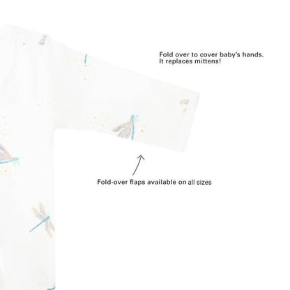 An infographic showing the mittens of an organic baby zip sleepsuit, which come with fold over flaps to cover a baby's hands and keep them warm.