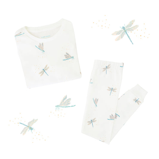 Kids Long Sleeve Organic Pyjamas Set in Dragonfly Print by Le Petit Society