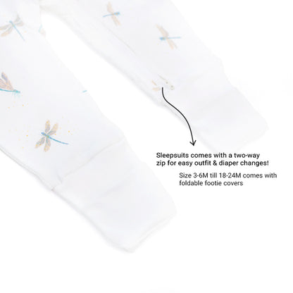 An infographic demonstrating the two-way zipper of a baby zip sleepsuit, and its function of providing an easy access to outfit and diaper changes.