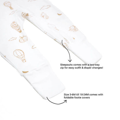 An infographic showing the two-way zipper of a baby zip sleepsuit and its function of providing easy access to outfit and diaper changes. It also mentions that sizes 3-6M till 18024M come with foldable footie covers.
