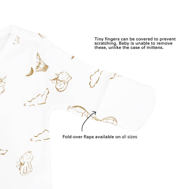 An infographic showing the mittens of an organic baby zip sleepsuit, which come with fold over flaps to cover a baby's hands and keep them warm.