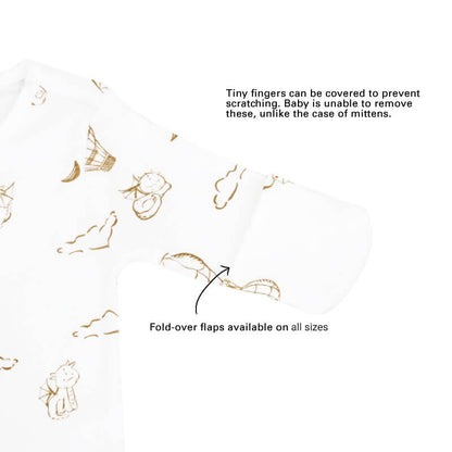 An infographic showing the mittens of an organic baby zip sleepsuit, which come with fold over flaps to cover a baby's hands and keep them warm.