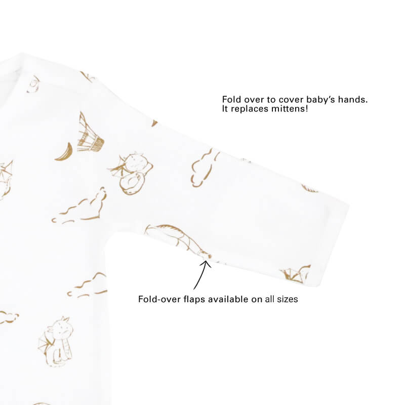 An infographic showing the mittens of an organic baby zip sleepsuit, which come with fold over flaps to cover a baby's hands and keep them warm.