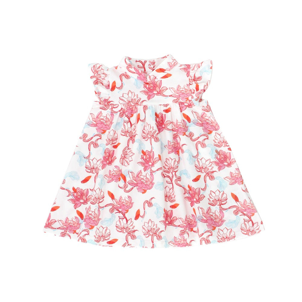 A front view of the girls’ dress from the Le Petit Society x Sheila Sim CNY 2026 Lotus Collection. The soft ruffled sleeves and mandarin-inspired neckline frame the flowing A-line silhouette, while the hand-painted lotus blossoms in coral, blush and touch