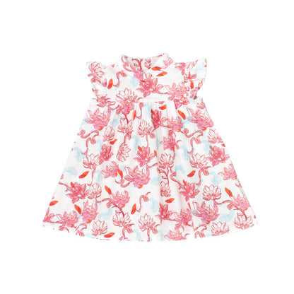 A front view of the girls’ dress from the Le Petit Society x Sheila Sim CNY 2026 Lotus Collection. The soft ruffled sleeves and mandarin-inspired neckline frame the flowing A-line silhouette, while the hand-painted lotus blossoms in coral, blush and touch