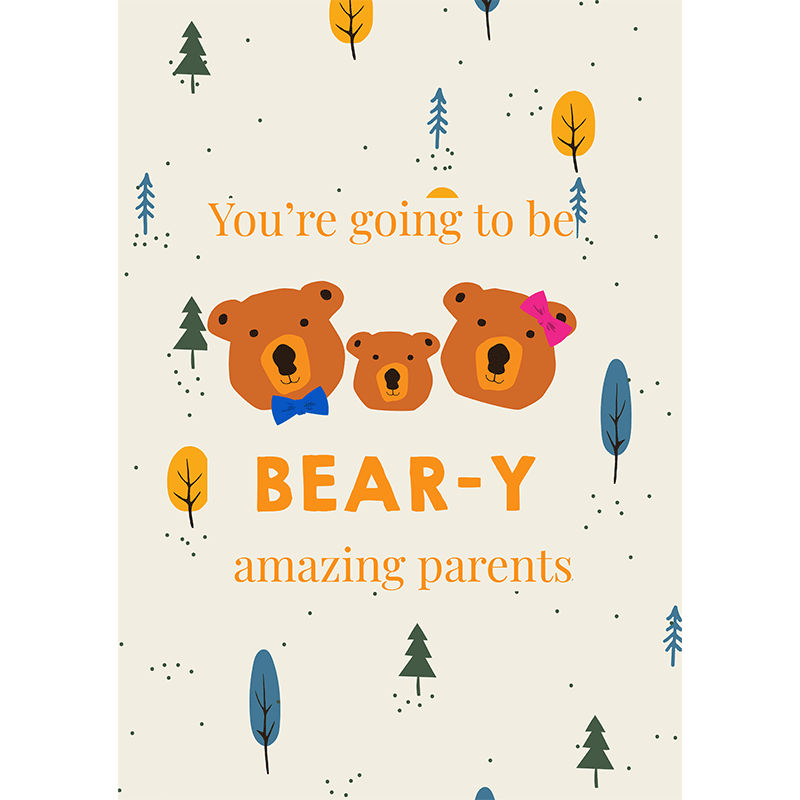 Le Petit Society e-gift card with a family of bears and the text 'you're going to be bear-y amazing parents'