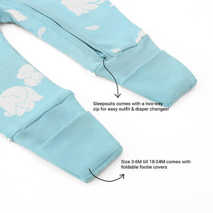 An infographic demonstrating the two-way zipper of a teal blue baby zip sleepsuit which provides easy access to outfit and diaper changes. It also mentions that the sizes 3-6M to 18-24M come with foldable footie covers.