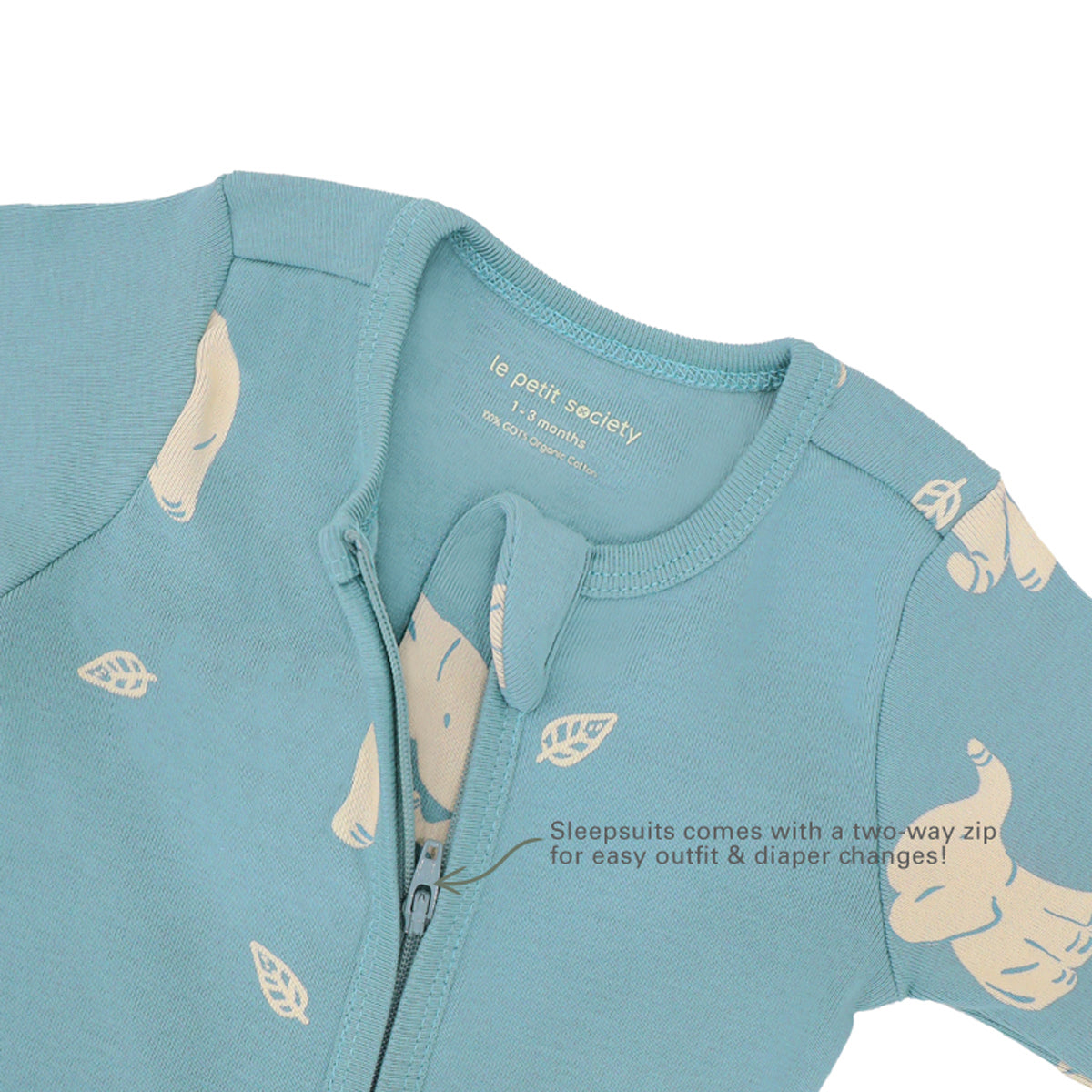 An infographic demonstrating the two-way zipper of a teal blue baby zip sleepsuit, and its function of providing an easy access to outfit and diaper changes.