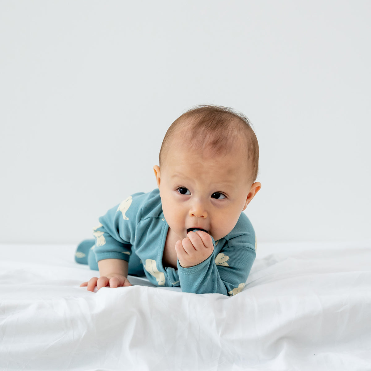 A baby wearing a teal blue zip sleepsuit in elephant print from Le Petit Society.