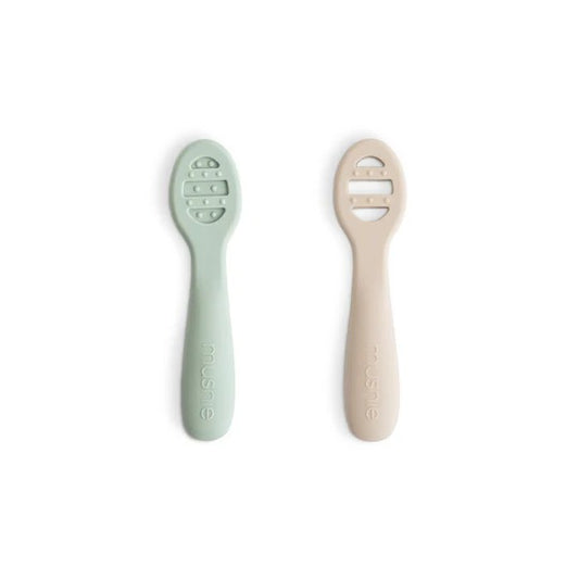 First Feeding Baby Spoons in Cambridge Blue/Shifting Sand (2 pack) by Mushie