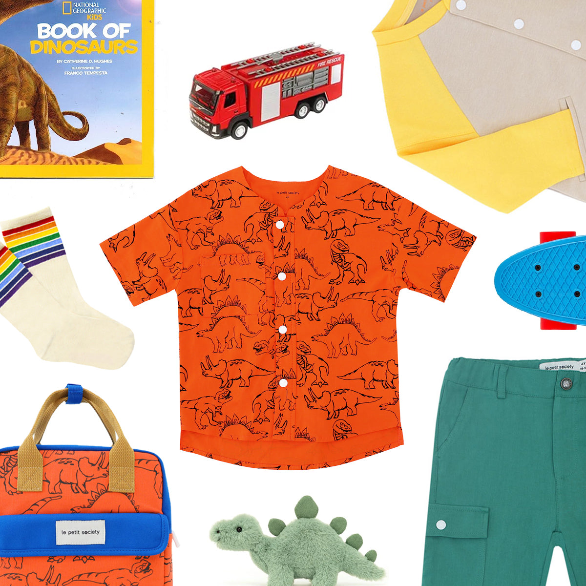 Made for Play - Boys Wide-Pocket Shirt in Dino Sketch Print in Orange by Le Petit Society — image 9
