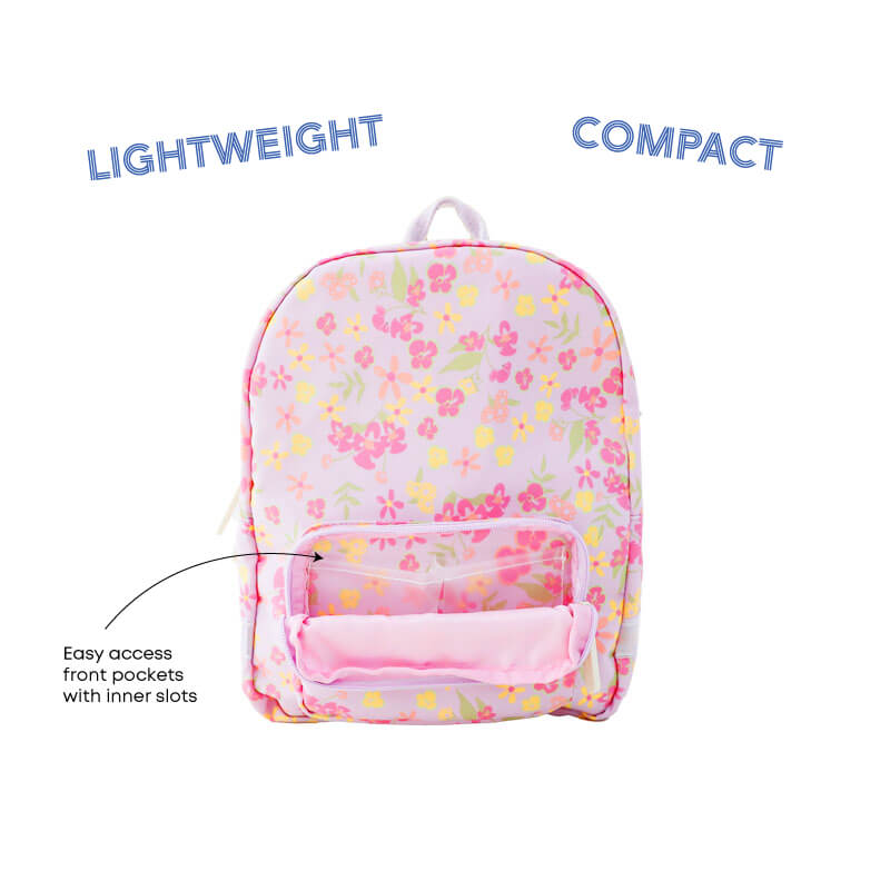 Infographic showing the inner slots in the front pocket of a floral preschool bag. 