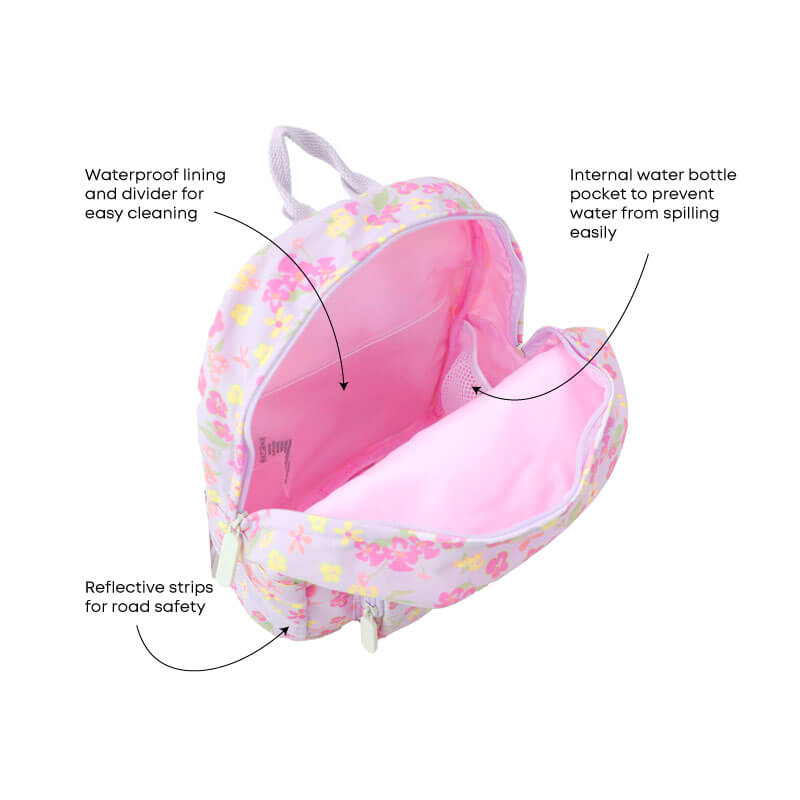 The various features of a purple preschool bag.