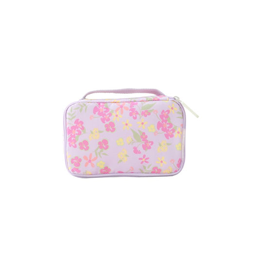 A purple pencil case and pouch with a floral design.