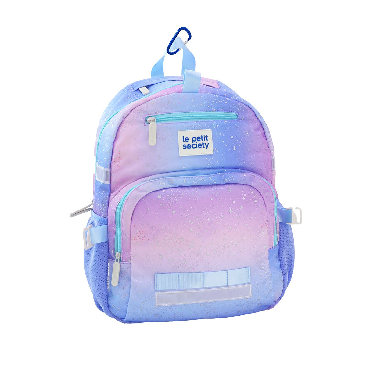 The kids single pocket school bag in an ombre purple and blue galaxy design.