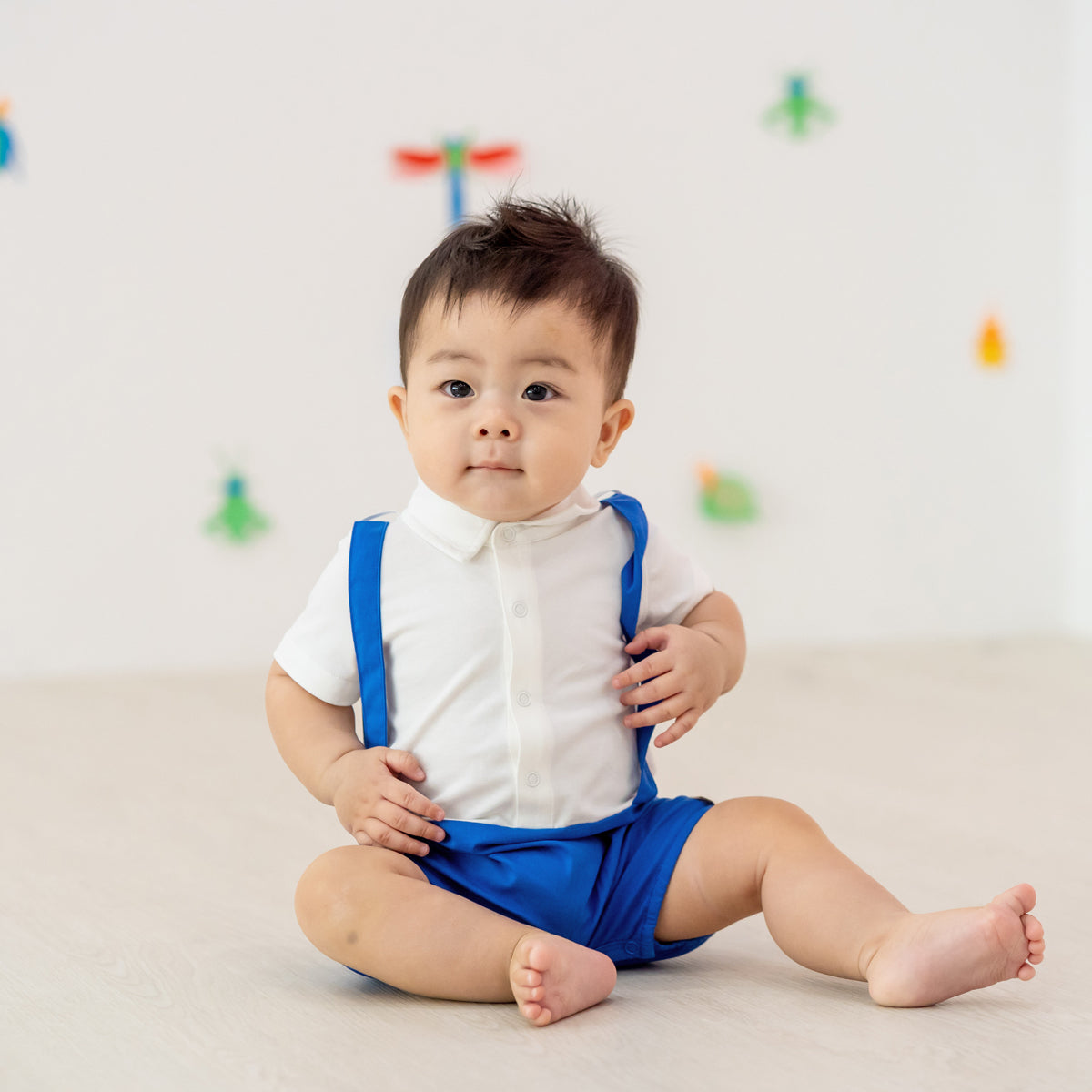 Garden Series - Baby Boy Suspender Romper in Blue by Le Petit Society — image 7