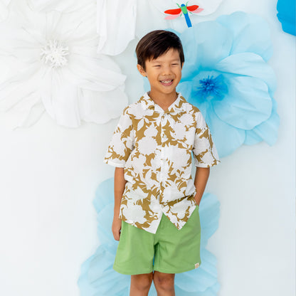 Garden Series - Boys Camp Collar Shirt in Ochre Floral by Le Petit Society — image 4