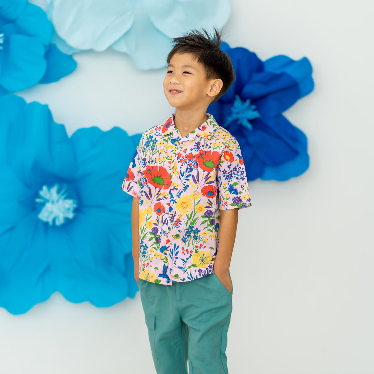 Garden Series - Boys Camp Collar Shirt in Pink by Le Petit Society — image 11